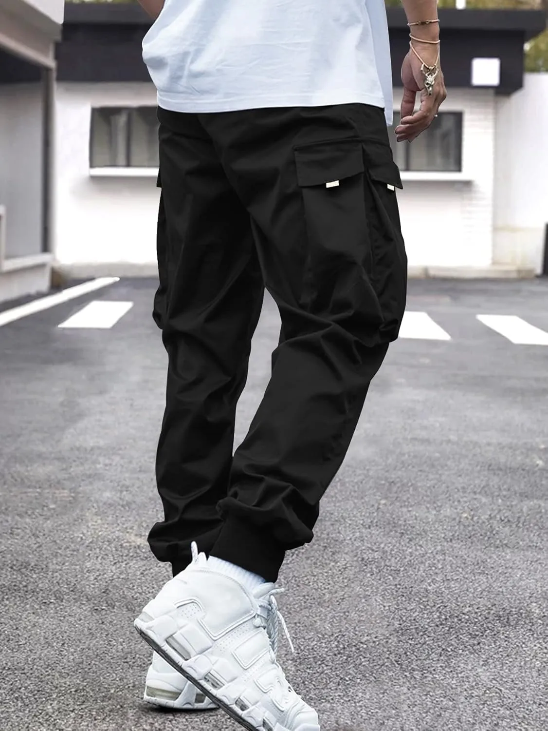 OYOANGLE Men's Casual Drawstring Elastic Waist Flap Pocket Letter Graphic Street Jogger Cargo Pants
