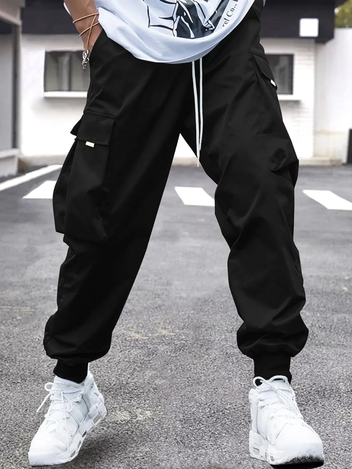 OYOANGLE Men's Casual Drawstring Elastic Waist Flap Pocket Letter Graphic Street Jogger Cargo Pants