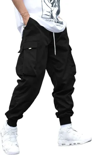 OYOANGLE Men's Casual Drawstring Elastic Waist Flap Pocket Letter Graphic Street Jogger Cargo Pants