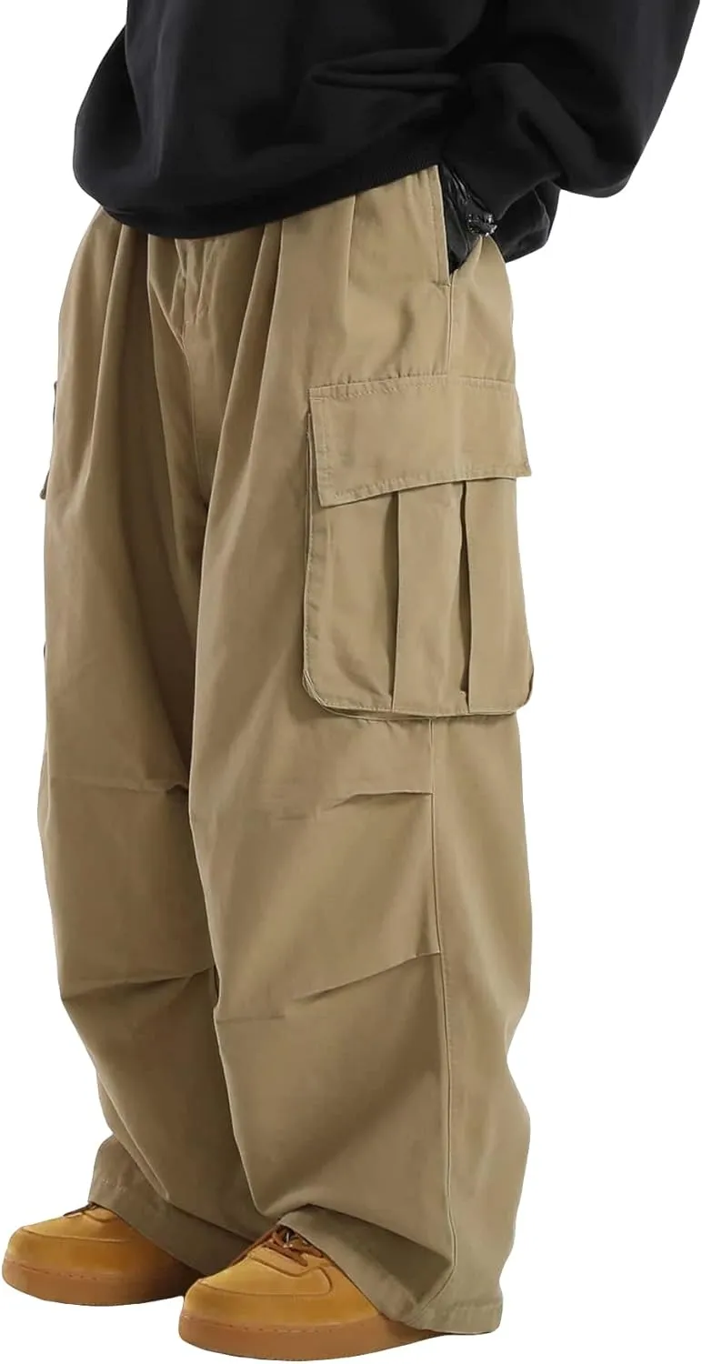 OYOANGLE Men's Drawstring Elastic Waist Flap Pockets Streetwear Baggy Cargo Pants Joggers Hiking Trousers