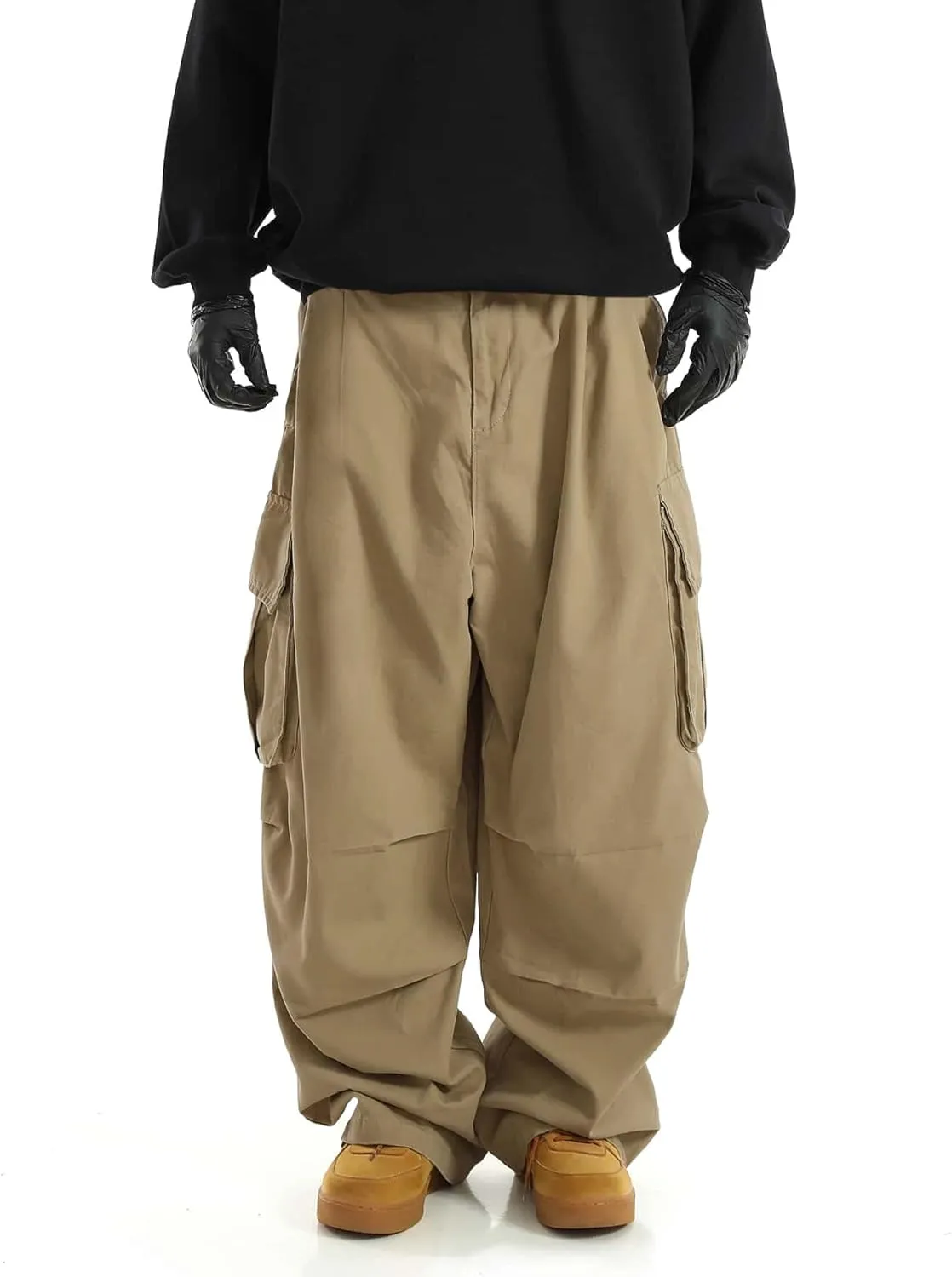 OYOANGLE Men's Drawstring Elastic Waist Flap Pockets Streetwear Baggy Cargo Pants Joggers Hiking Trousers
