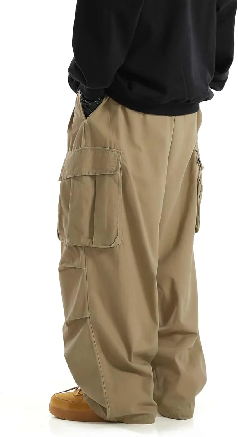 OYOANGLE Men's Drawstring Elastic Waist Flap Pockets Streetwear Baggy Cargo Pants Joggers Hiking Trousers