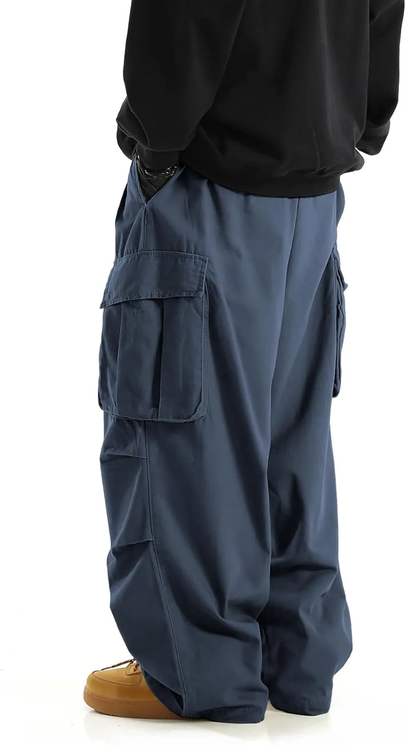 OYOANGLE Men's Drawstring Elastic Waist Flap Pockets Streetwear Baggy Cargo Pants Joggers Hiking Trousers