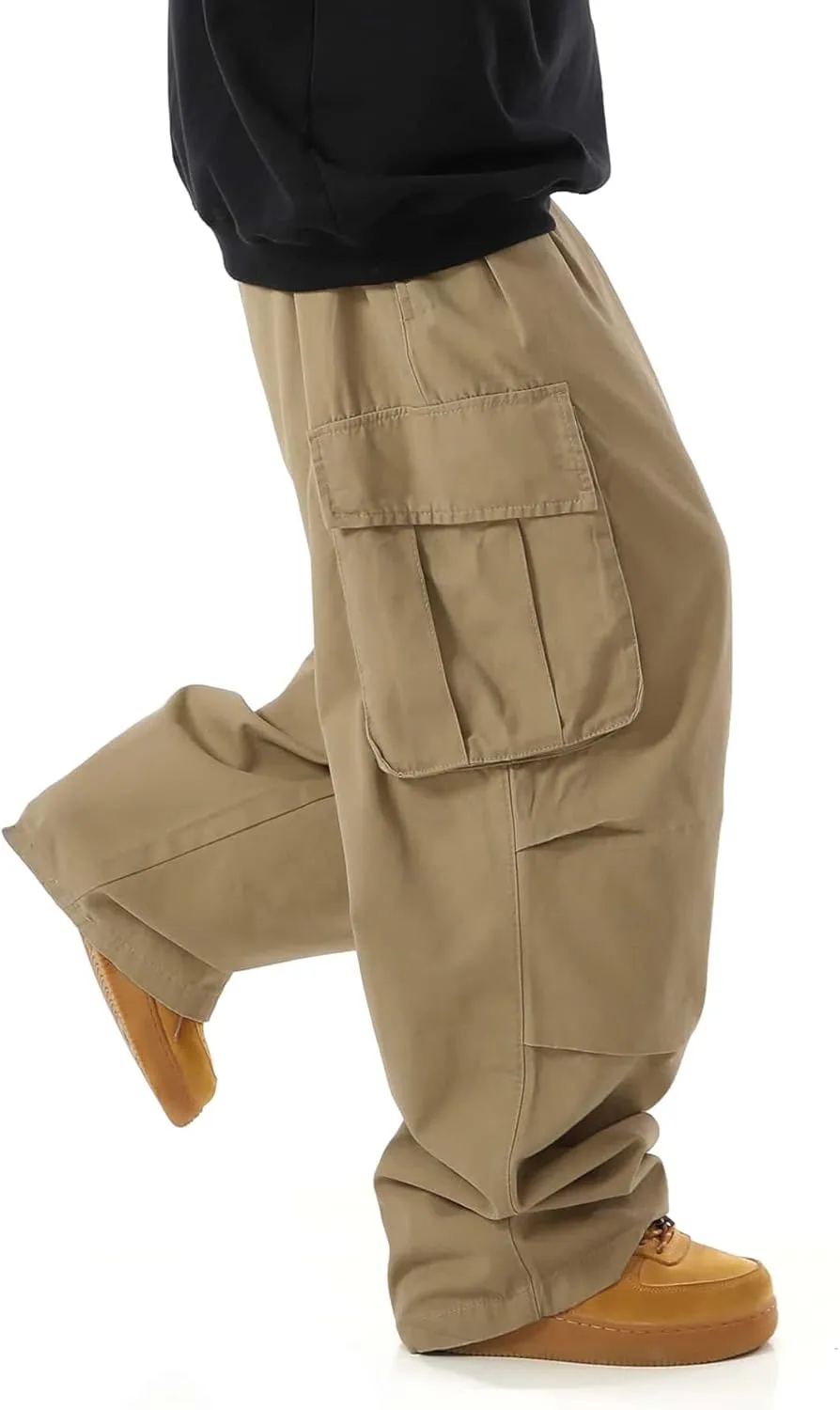 OYOANGLE Men's Drawstring Elastic Waist Flap Pockets Streetwear Baggy Cargo Pants Joggers Hiking Trousers