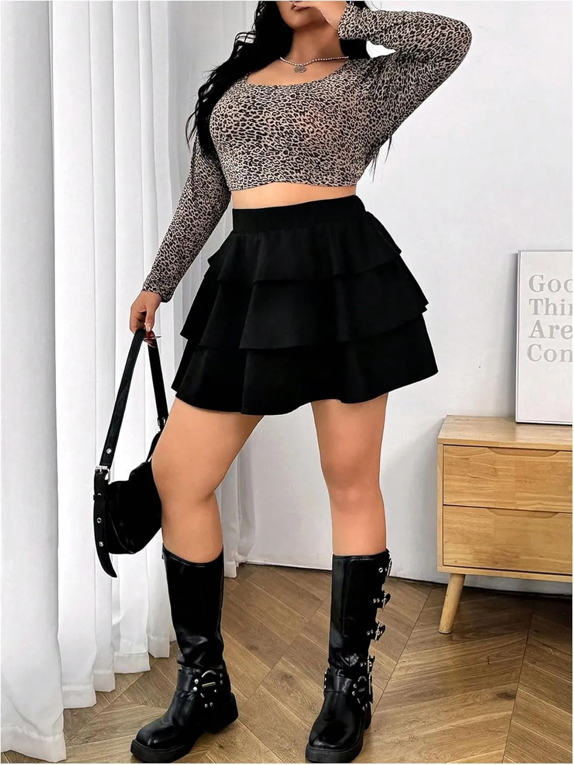 OYOANGLE Women's Plus Size Elastic High Waist Short Skirt Layered Ruffle Hem Mini Skirts