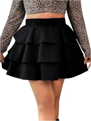 OYOANGLE Women's Plus Size Elastic High Waist Short Skirt Layered Ruffle Hem Mini Skirts
