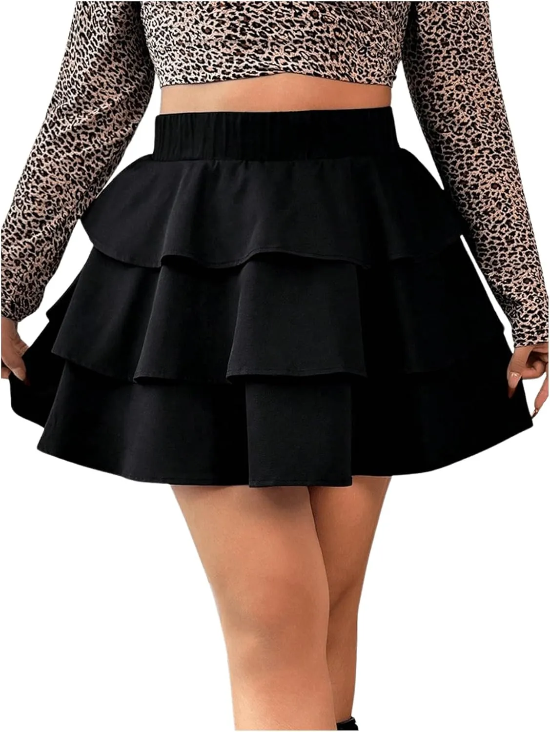 OYOANGLE Women's Plus Size Elastic High Waist Short Skirt Layered Ruffle Hem Mini Skirts