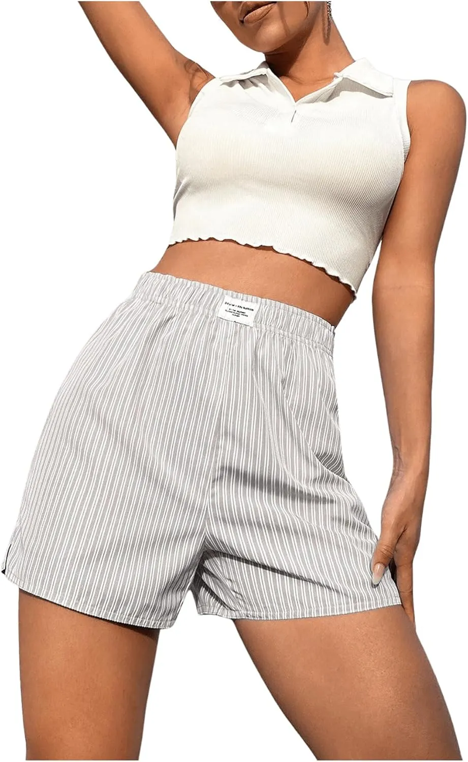OYOANGLE Women's Summer Casual Striped Print Elastic Waist Mid Rise Straight Leg Shorts