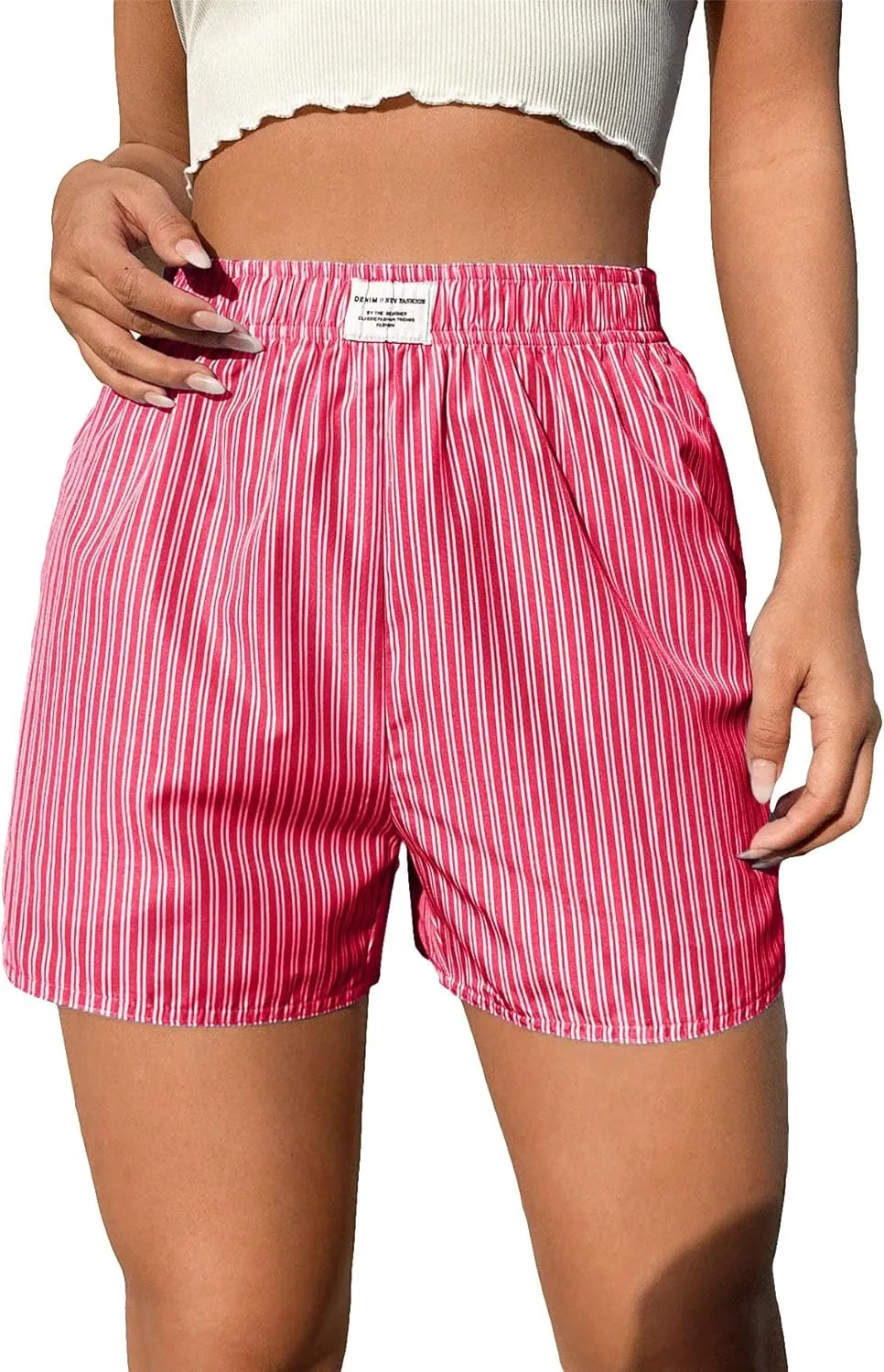 OYOANGLE Women's Summer Casual Striped Print Elastic Waist Mid Rise Straight Leg Shorts