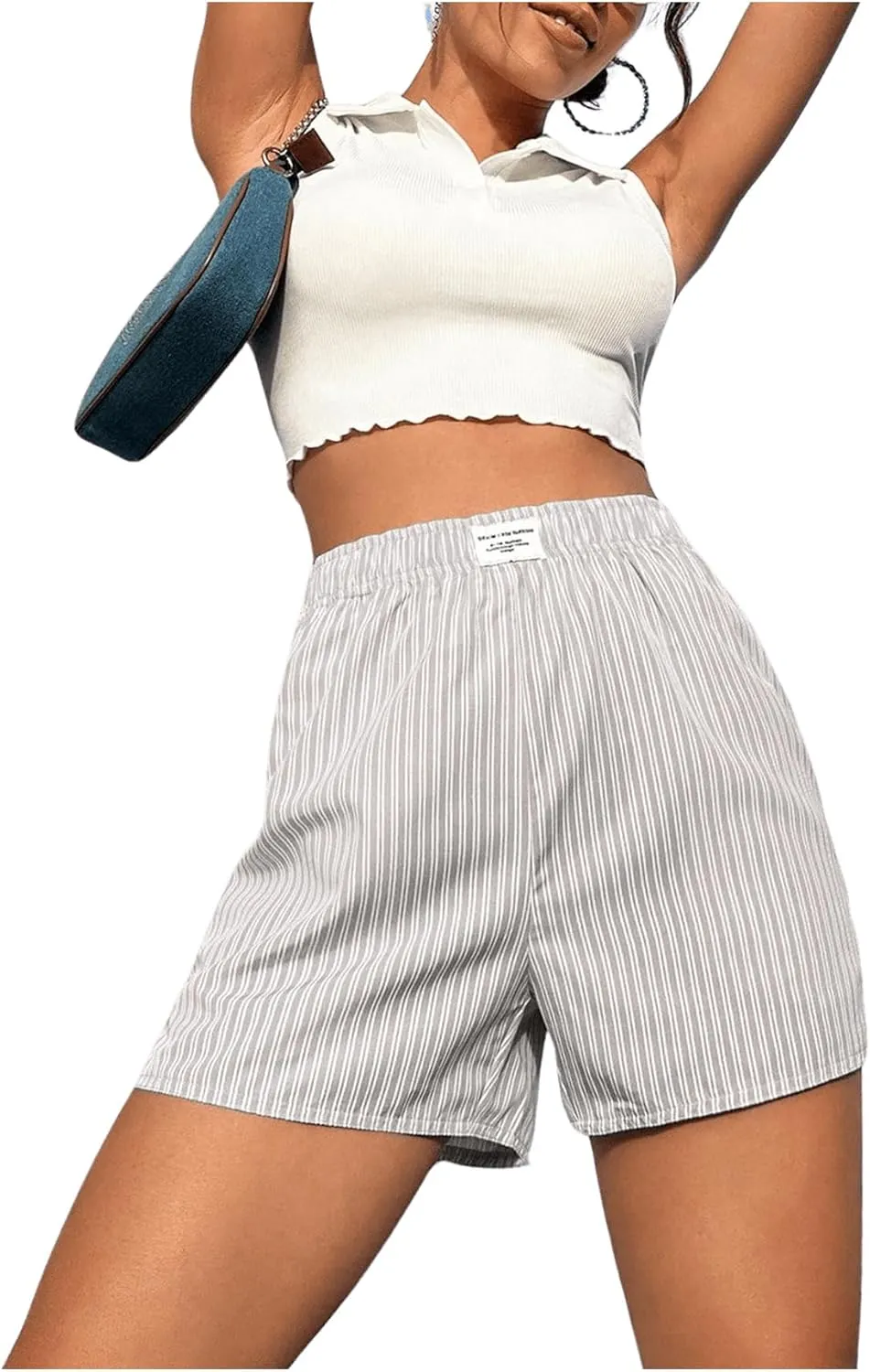 OYOANGLE Women's Summer Casual Striped Print Elastic Waist Mid Rise Straight Leg Shorts