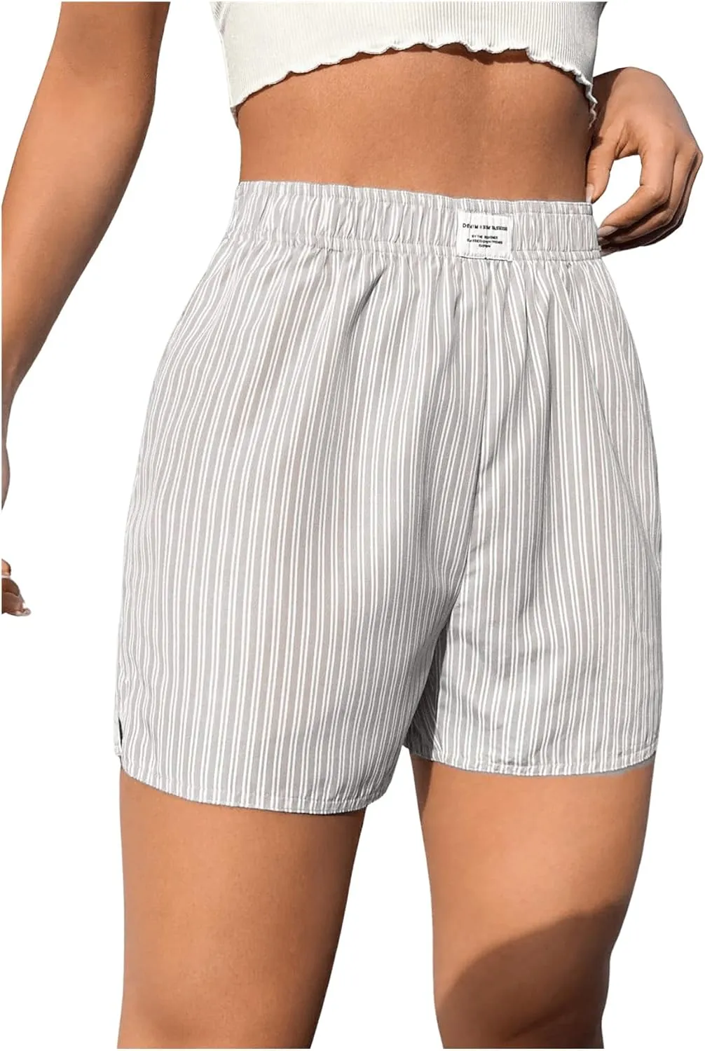 OYOANGLE Women's Summer Casual Striped Print Elastic Waist Mid Rise Straight Leg Shorts