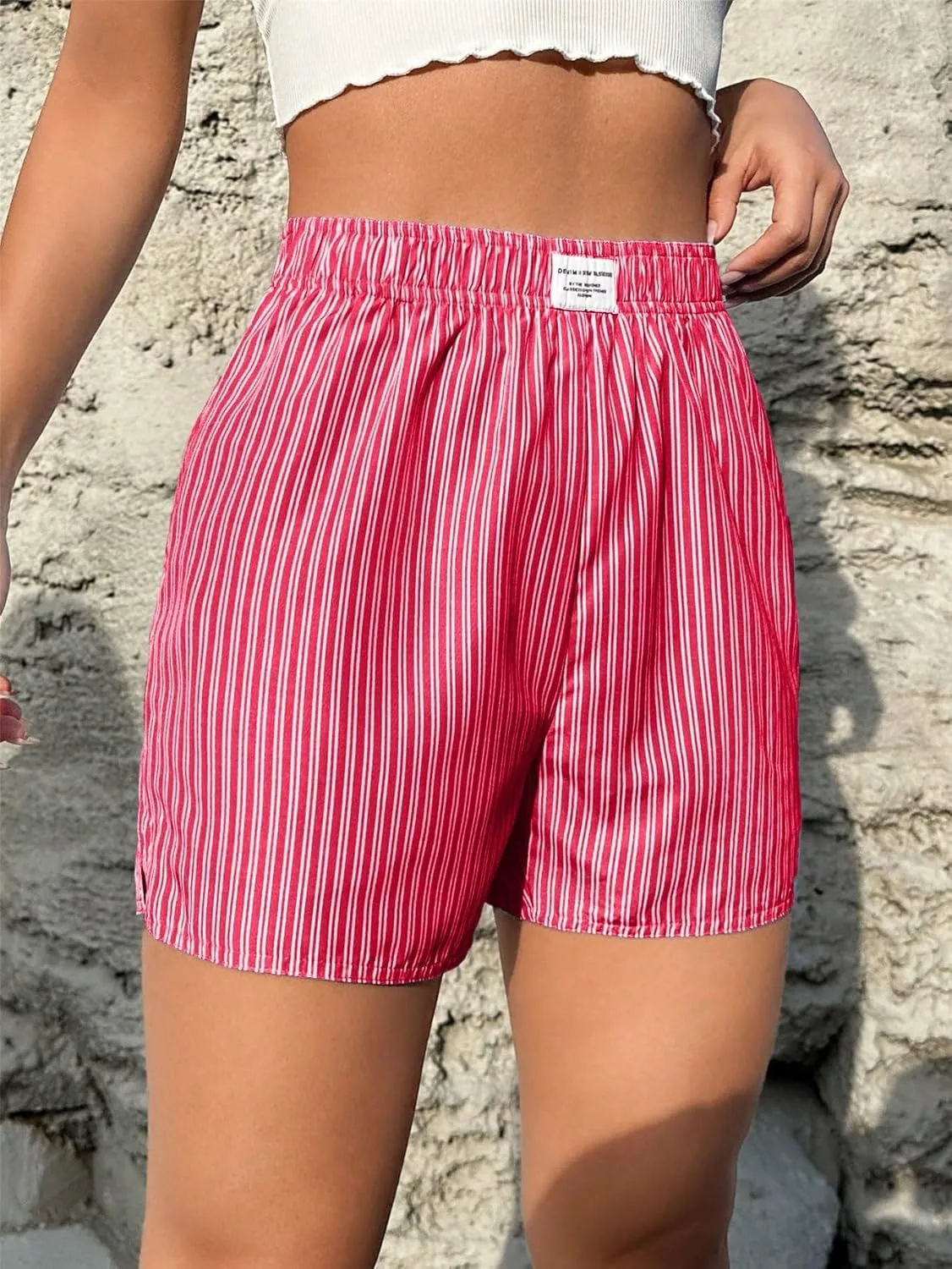 OYOANGLE Women's Summer Casual Striped Print Elastic Waist Mid Rise Straight Leg Shorts