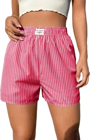 OYOANGLE Women's Summer Casual Striped Print Elastic Waist Mid Rise Straight Leg Shorts