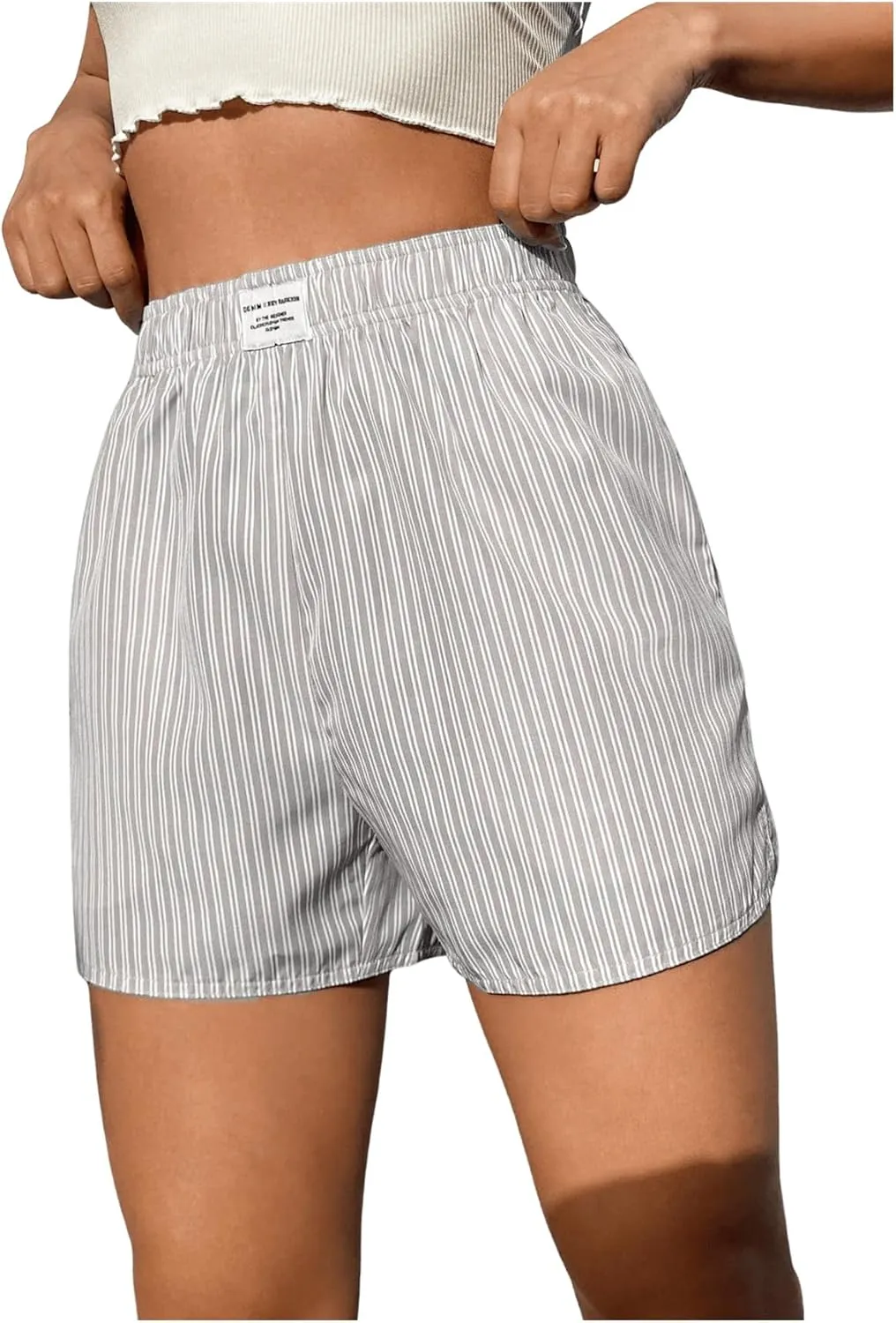 OYOANGLE Women's Summer Casual Striped Print Elastic Waist Mid Rise Straight Leg Shorts