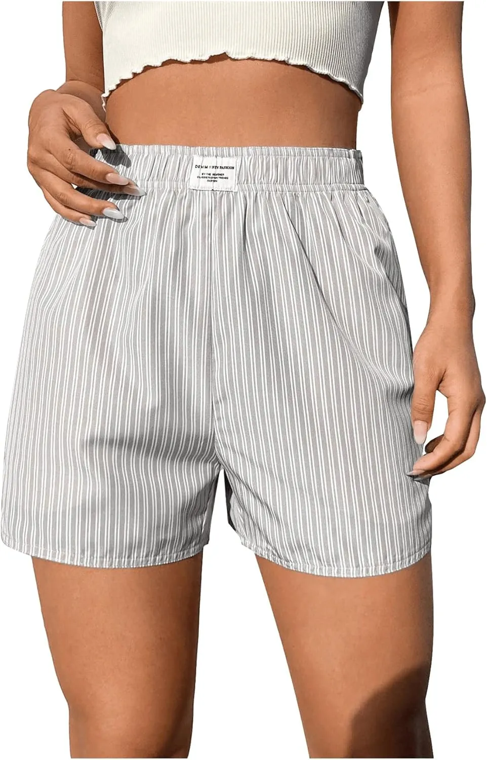 OYOANGLE Women's Summer Casual Striped Print Elastic Waist Mid Rise Straight Leg Shorts