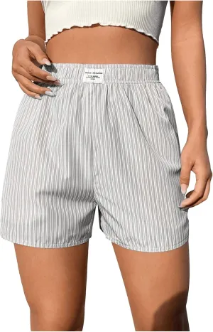 OYOANGLE Women's Summer Casual Striped Print Elastic Waist Mid Rise Straight Leg Shorts