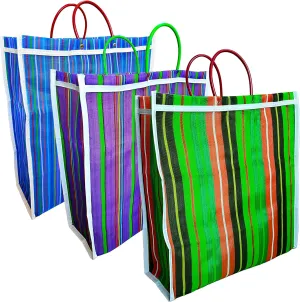 Pack Set of 3 Large Mexican Full Gusset Tote Bag, All Side Gussets Mesh Market Bags in Assorted Colors Reusable Mexican Shopping Bags with Flat Bottom Bolsas de Mercado / Bolsas de Mandado con Fuelle