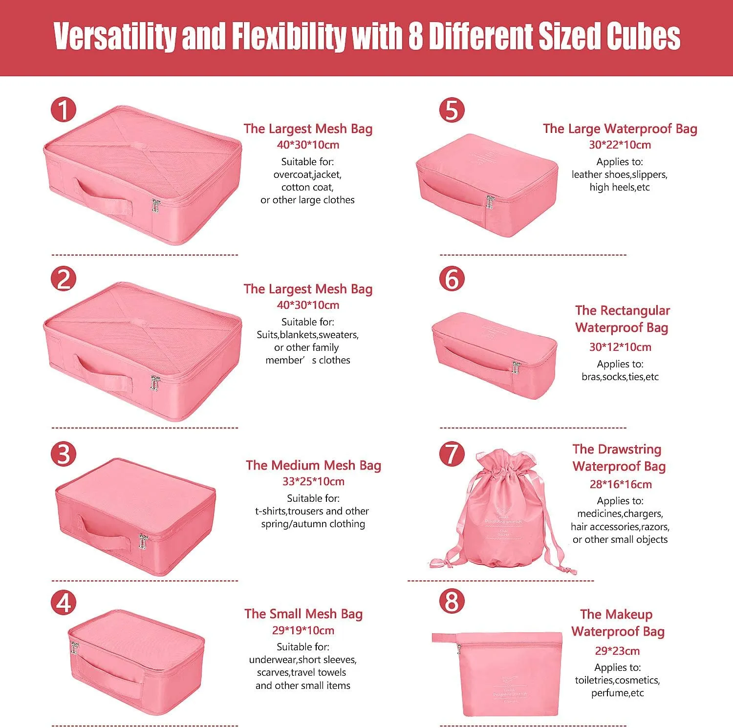 Packing Cubes 8 Sets Travel Luggage Organizers Include Waterproof Shoe Storage Bag Convenient Packing Pouches for Traveller (Peach pink)