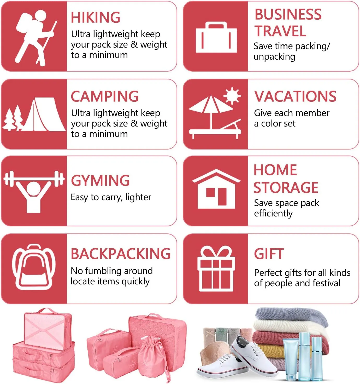 Packing Cubes 8 Sets Travel Luggage Organizers Include Waterproof Shoe Storage Bag Convenient Packing Pouches for Traveller (Peach pink)