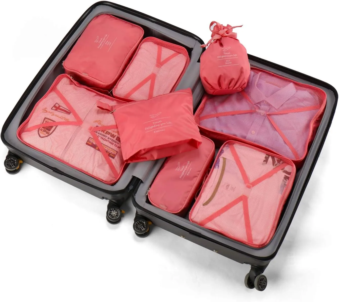 Packing Cubes 8 Sets Travel Luggage Organizers Include Waterproof Shoe Storage Bag Convenient Packing Pouches for Traveller (Peach pink)