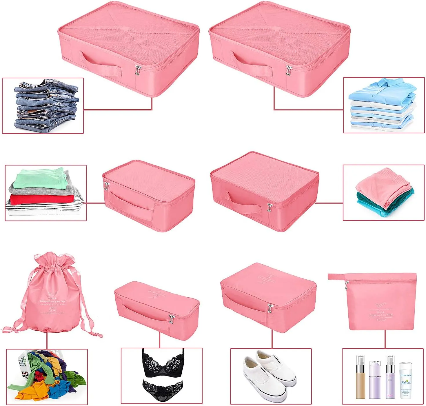 Packing Cubes 8 Sets Travel Luggage Organizers Include Waterproof Shoe Storage Bag Convenient Packing Pouches for Traveller (Peach pink)