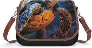 Painted Sea Turtle Shoulder Bag for Women, Leather Crossbody Bag Adjustable Removable Shoulder Strap, Hands-Free Bags