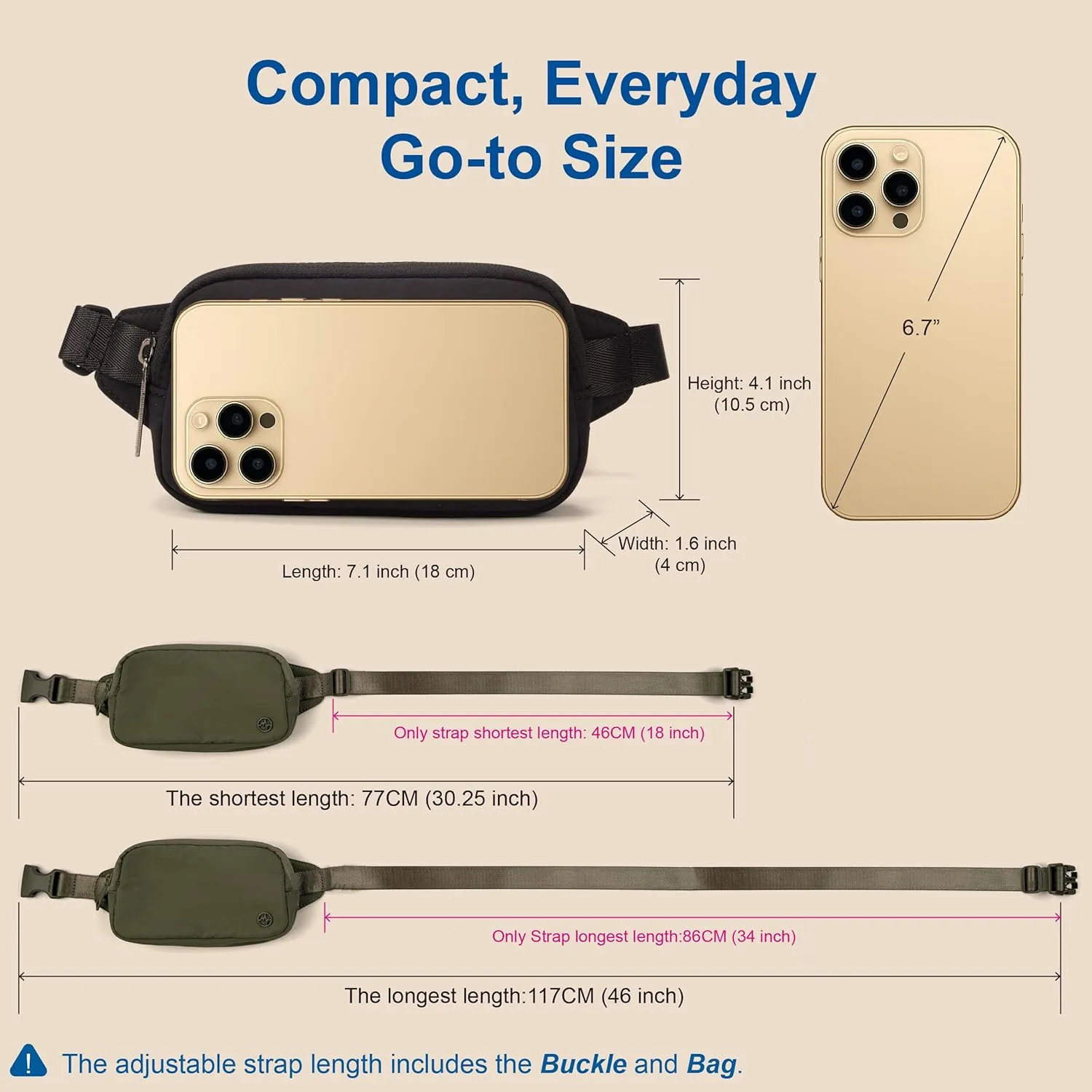 Pander Mini Belt Bag – Ultra Compact, Fits 6.7” Phone, Lipstick, Earbuds, Essentials, Small Crossbody Waist Purse, Black Onyx