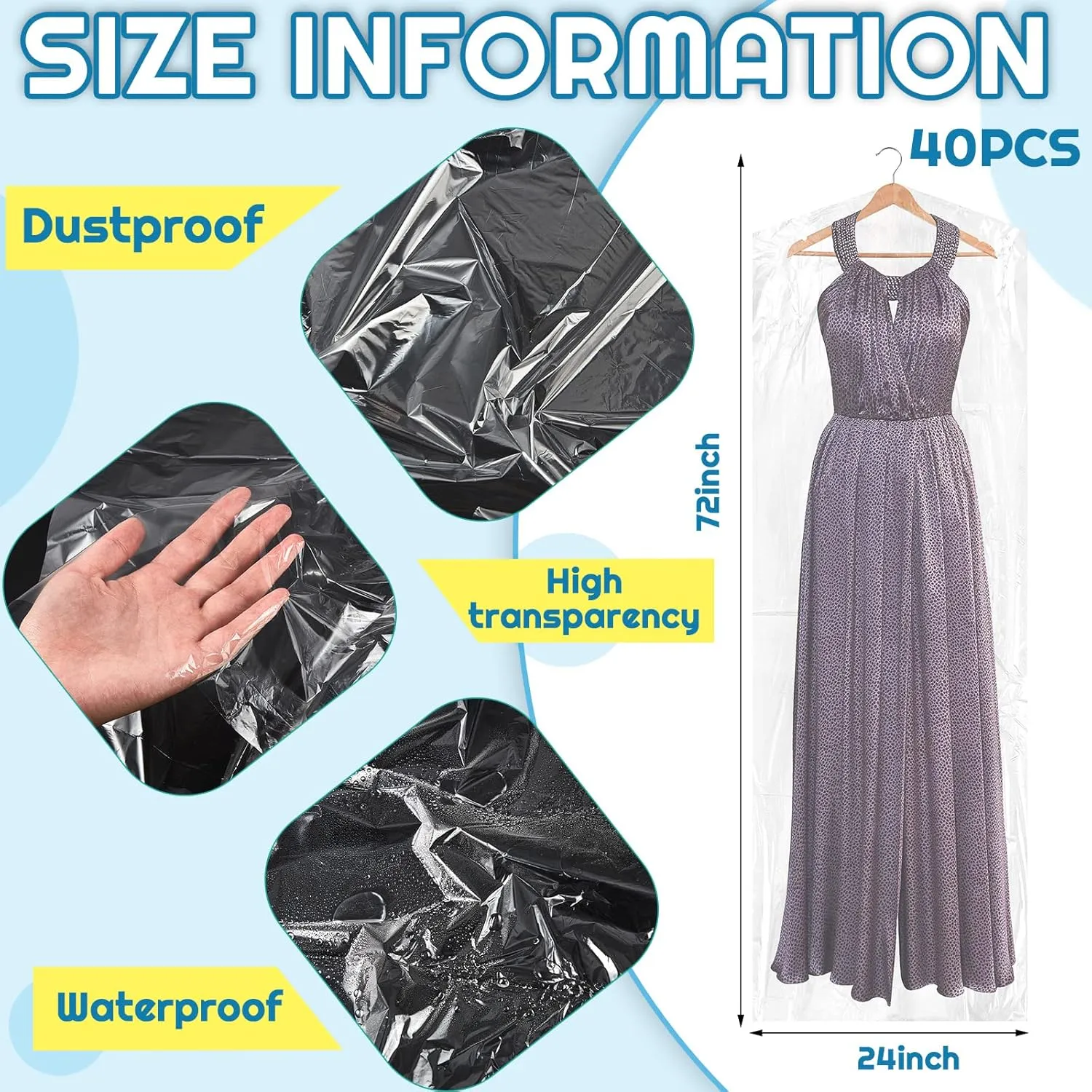 Patelai 40 Pcs 72/40inch Garment Bags for Hanging Clothes Bulk Dry Cleaning Bags for Clothes Dry Cleaner Plastic Garment for Launderette Wedding Dresses Suits Coats(72 Inch)