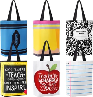 Paterr 6 Pcs Teacher Appreciation Gifts Teacher Canvas Tote Bag for Women Apples Crayons Reusable Cloth Bags for Shopping Grocery End of Semester Teacher Retirement Christmas Essentials Gifts Bulk