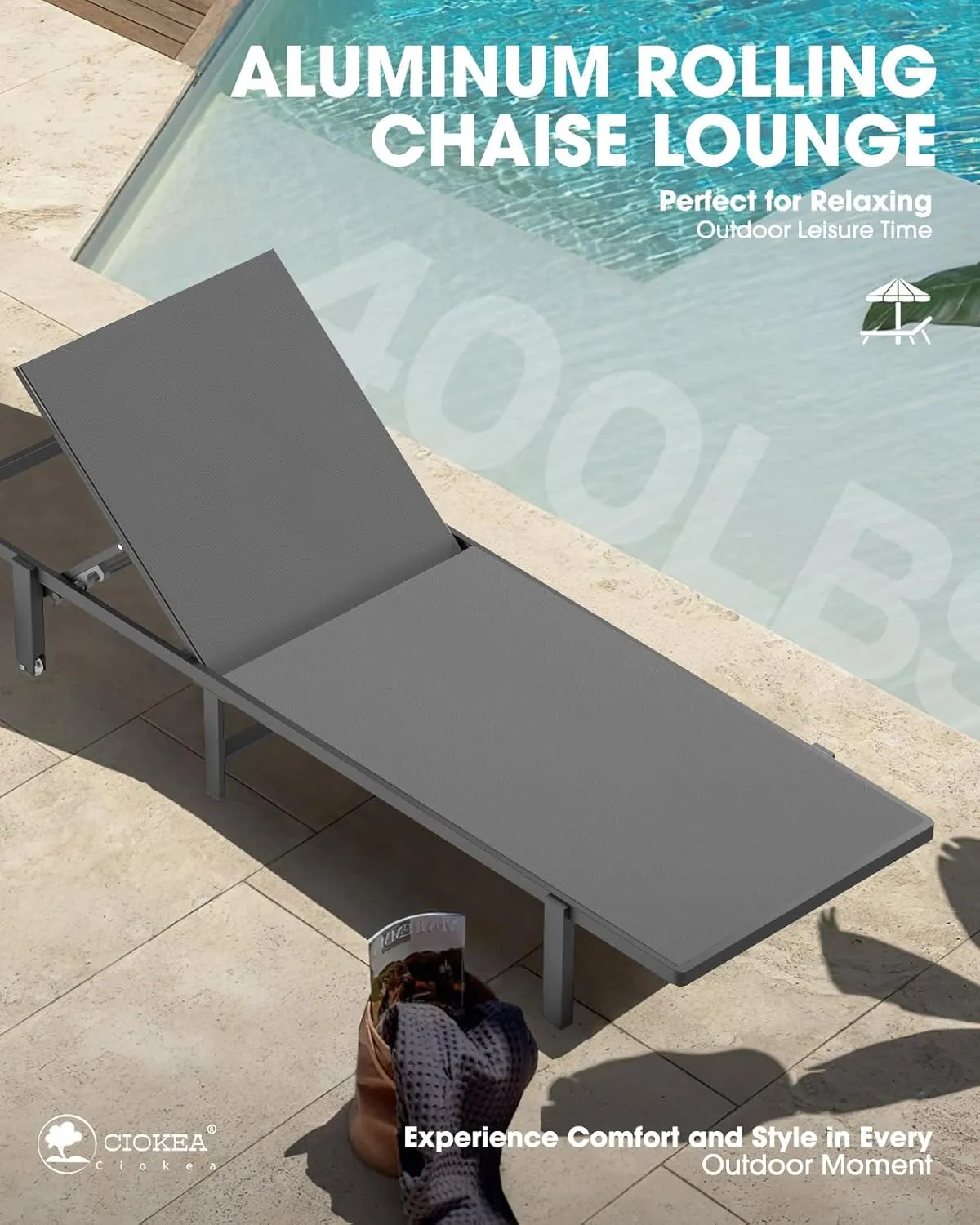 Patio Chaise Lounge Chair Set of 2, Outdoor Lounge Chairs with Wheels, 5-Position Adjustable Sun Loungers for Pool, Deck, Beach,Grey