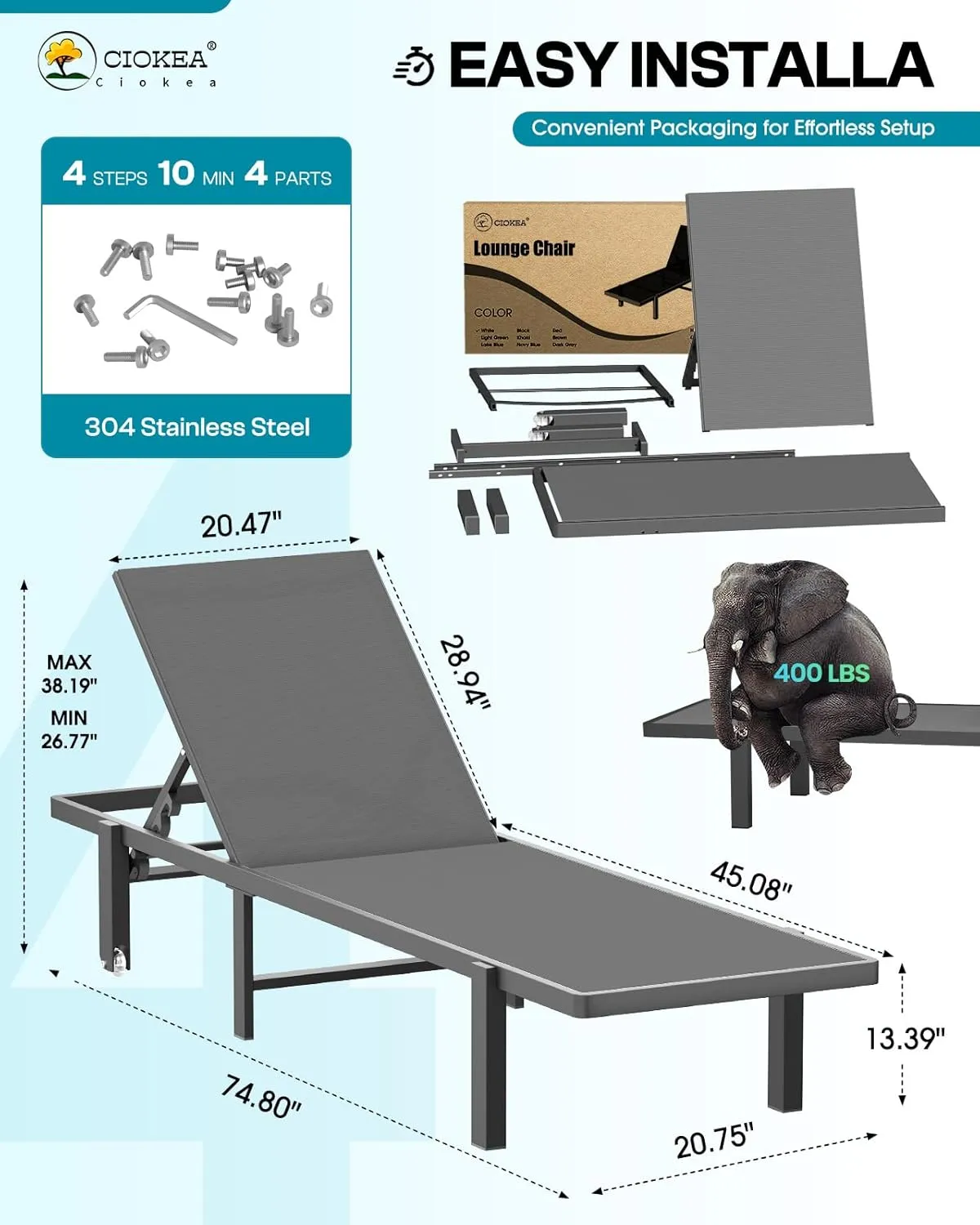 Patio Chaise Lounge Chair Set of 2, Outdoor Lounge Chairs with Wheels, 5-Position Adjustable Sun Loungers for Pool, Deck, Beach,Grey