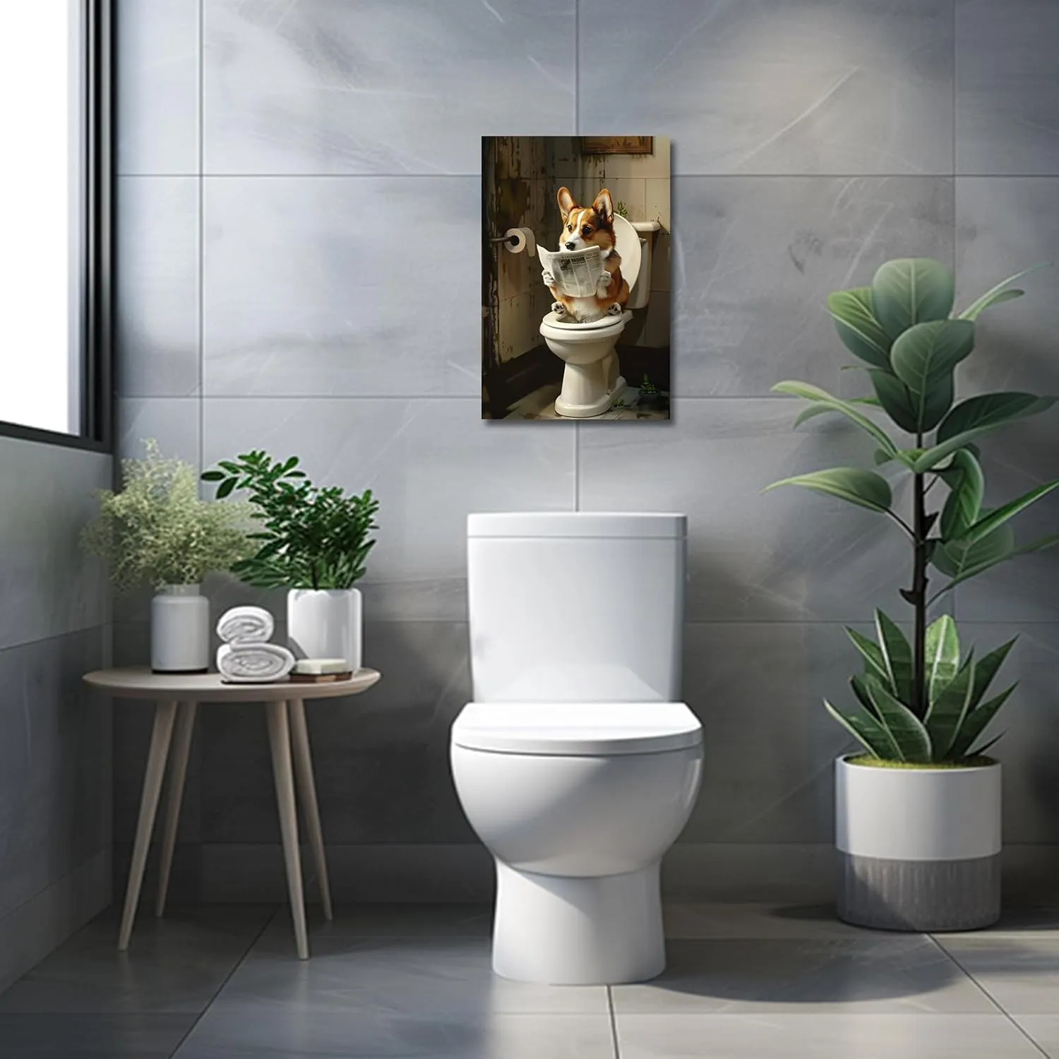 PBXBJY Bathroom Corgi Wall Art Funny Dog Bathroom Decor Corgi on Toilet Poster Prints Cute Animal Canvas Artwork for Restroom Toilet Wall Decor Framed (12.00" x 18.00")