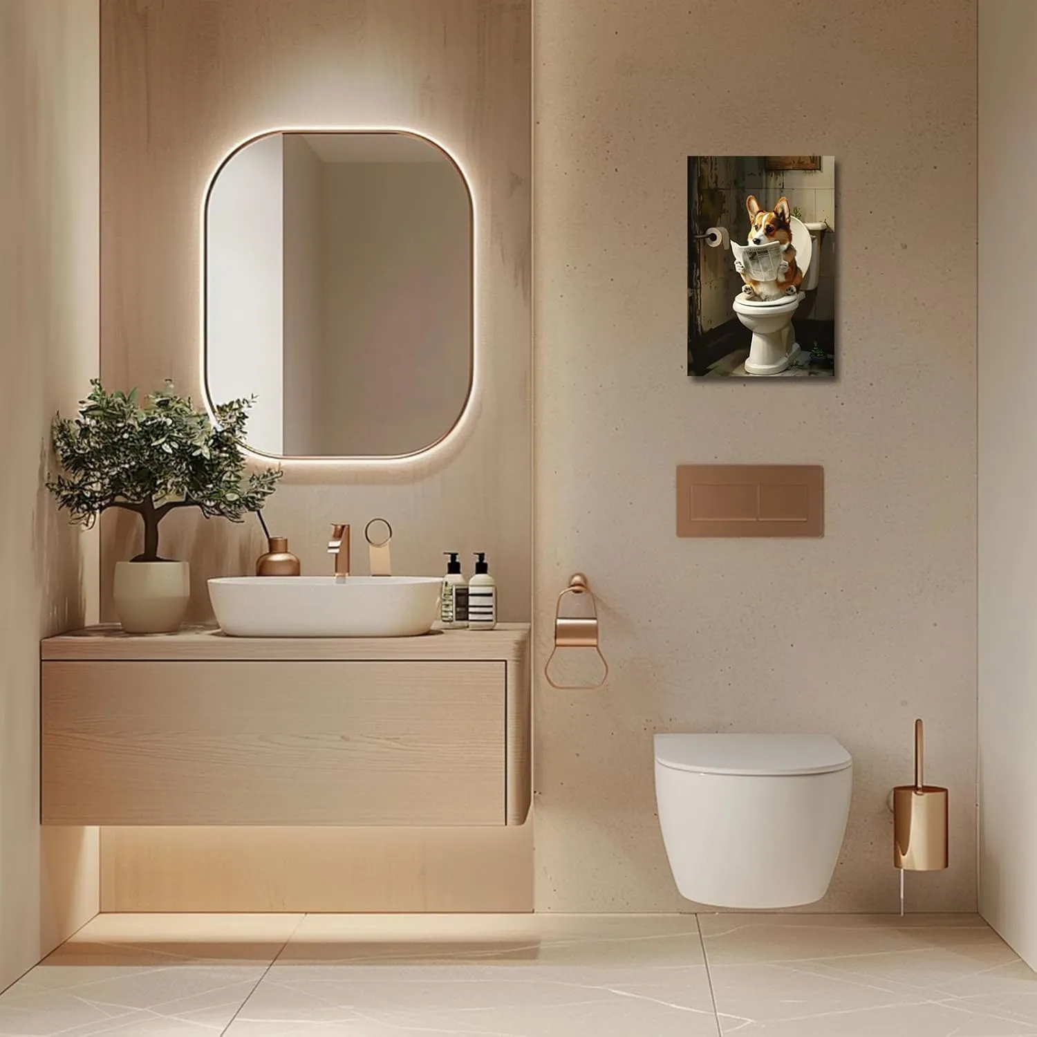 PBXBJY Bathroom Corgi Wall Art Funny Dog Bathroom Decor Corgi on Toilet Poster Prints Cute Animal Canvas Artwork for Restroom Toilet Wall Decor Framed (12.00" x 18.00")