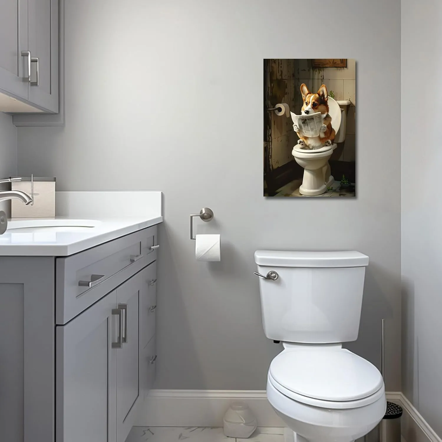 PBXBJY Bathroom Corgi Wall Art Funny Dog Bathroom Decor Corgi on Toilet Poster Prints Cute Animal Canvas Artwork for Restroom Toilet Wall Decor Framed (12.00" x 18.00")