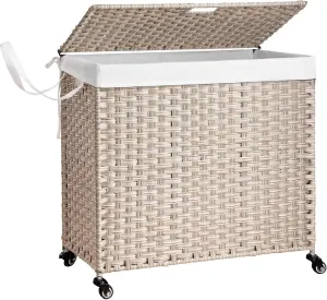 PE Wicker Laundry Hamper with Wheels, (42.3 Gallon) 160L Removable Liner Bag, Rolling Synthetic Rattan Clothes Laundry Basket with Lid for Storage, ISO 9001 Certified, Light Gray