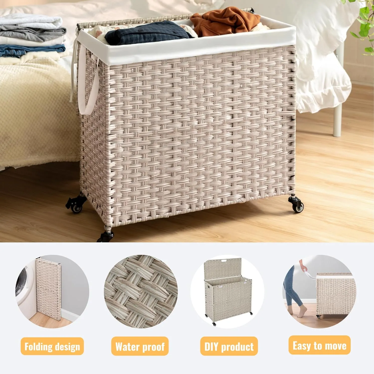 PE Wicker Laundry Hamper with Wheels, (42.3 Gallon) 160L Removable Liner Bag, Rolling Synthetic Rattan Clothes Laundry Basket with Lid for Storage, ISO 9001 Certified, Light Gray