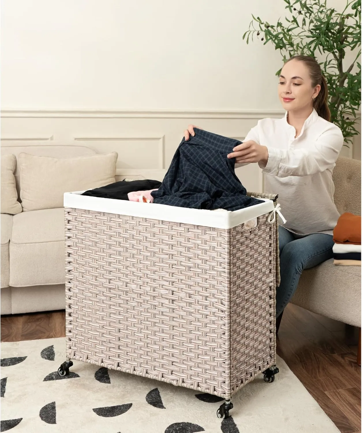 PE Wicker Laundry Hamper with Wheels, (42.3 Gallon) 160L Removable Liner Bag, Rolling Synthetic Rattan Clothes Laundry Basket with Lid for Storage, ISO 9001 Certified, Light Gray