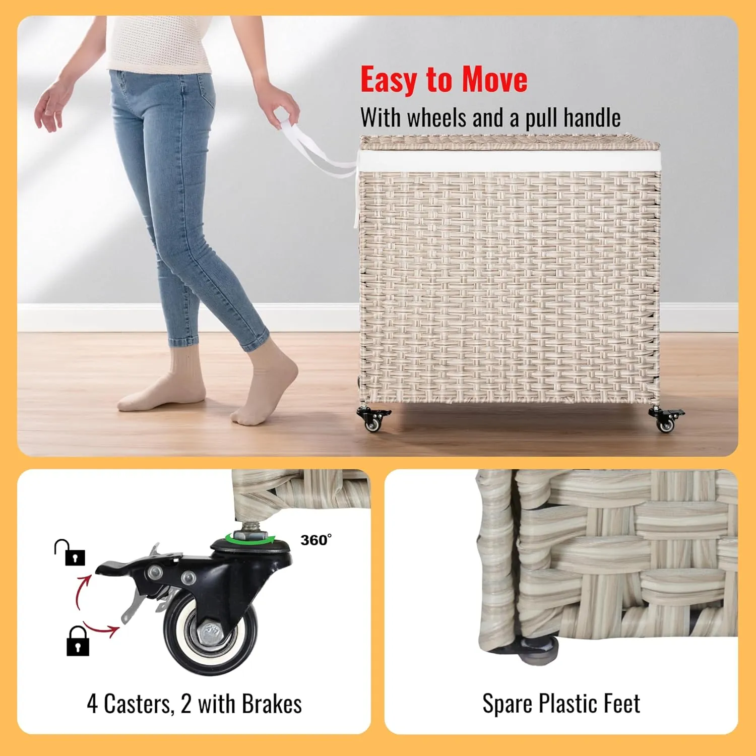 PE Wicker Laundry Hamper with Wheels, (42.3 Gallon) 160L Removable Liner Bag, Rolling Synthetic Rattan Clothes Laundry Basket with Lid for Storage, ISO 9001 Certified, Light Gray