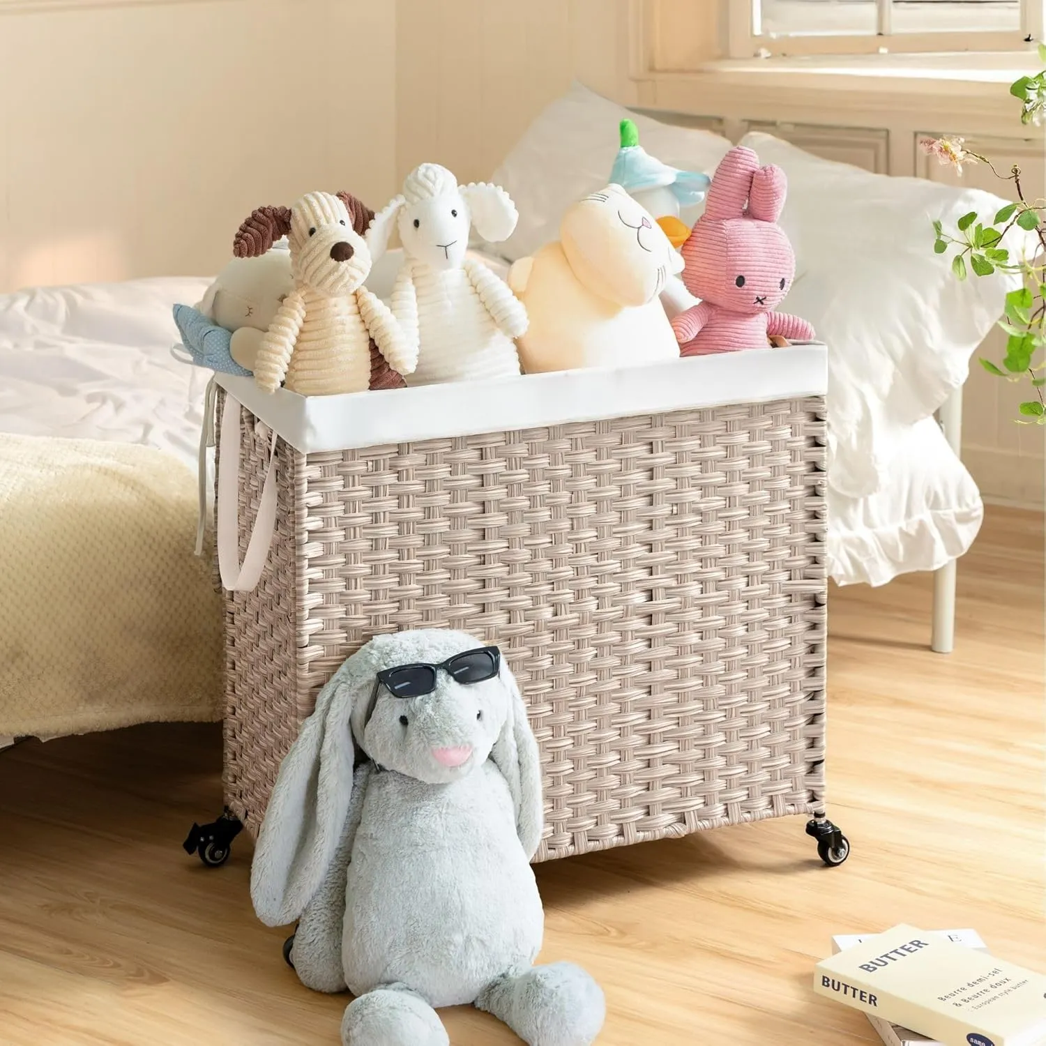 PE Wicker Laundry Hamper with Wheels, (42.3 Gallon) 160L Removable Liner Bag, Rolling Synthetic Rattan Clothes Laundry Basket with Lid for Storage, ISO 9001 Certified, Light Gray