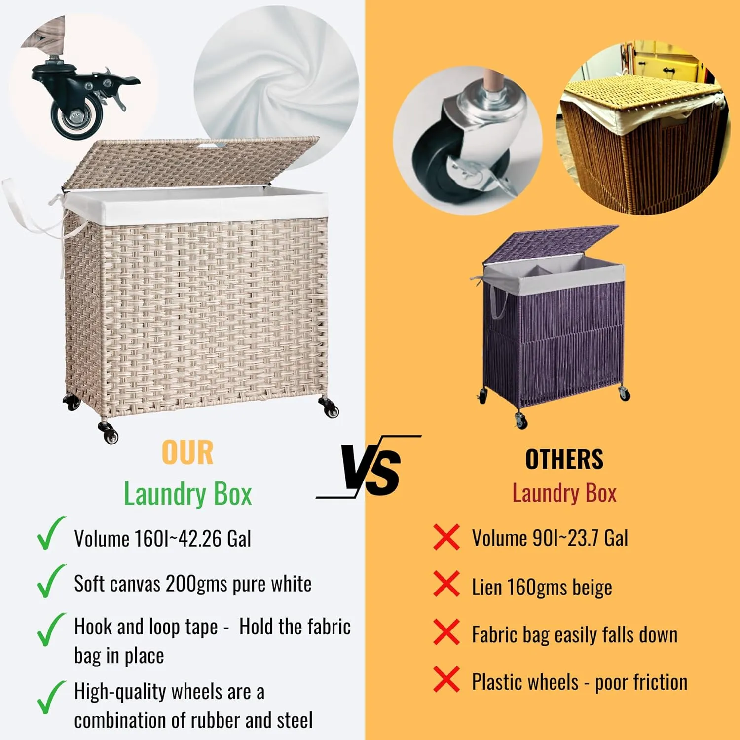 PE Wicker Laundry Hamper with Wheels, (42.3 Gallon) 160L Removable Liner Bag, Rolling Synthetic Rattan Clothes Laundry Basket with Lid for Storage, ISO 9001 Certified, Light Gray