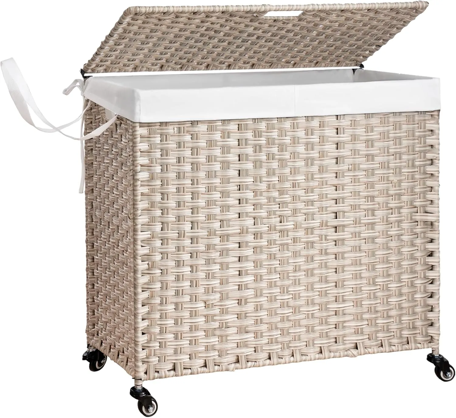 PE Wicker Laundry Hamper with Wheels, (42.3 Gallon) 160L Removable Liner Bag, Rolling Synthetic Rattan Clothes Laundry Basket with Lid for Storage, ISO 9001 Certified, Light Gray