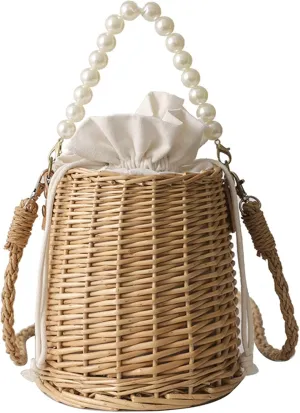 Pearl Crossbody Bucket Handbag Handwoven Mini Straw Basket Vintage Beach Bag Satchel Style Travel Vacation Daily Use