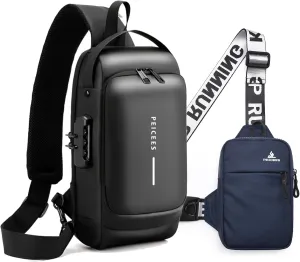 Peicees Mens Crossbody Bag Man Bags Mens Purse Anti-theft Sling Bag Shoulder Bag Chest Bag, Leather Black and Mini Dark Blue