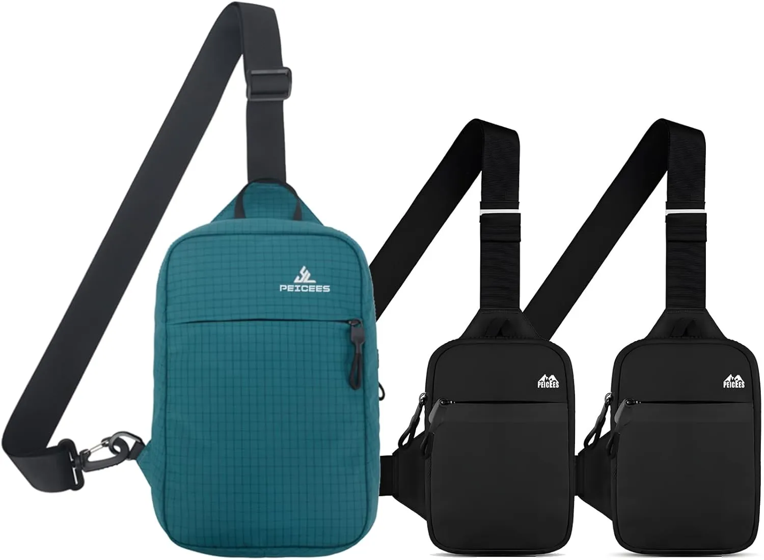 Peicees Pack of 3 Sling Bags for Women Men Trendy Casual Phone Chest Bag Waterproof Crossbody Daypack, Small Turquoise and MIni Black and Mini Black