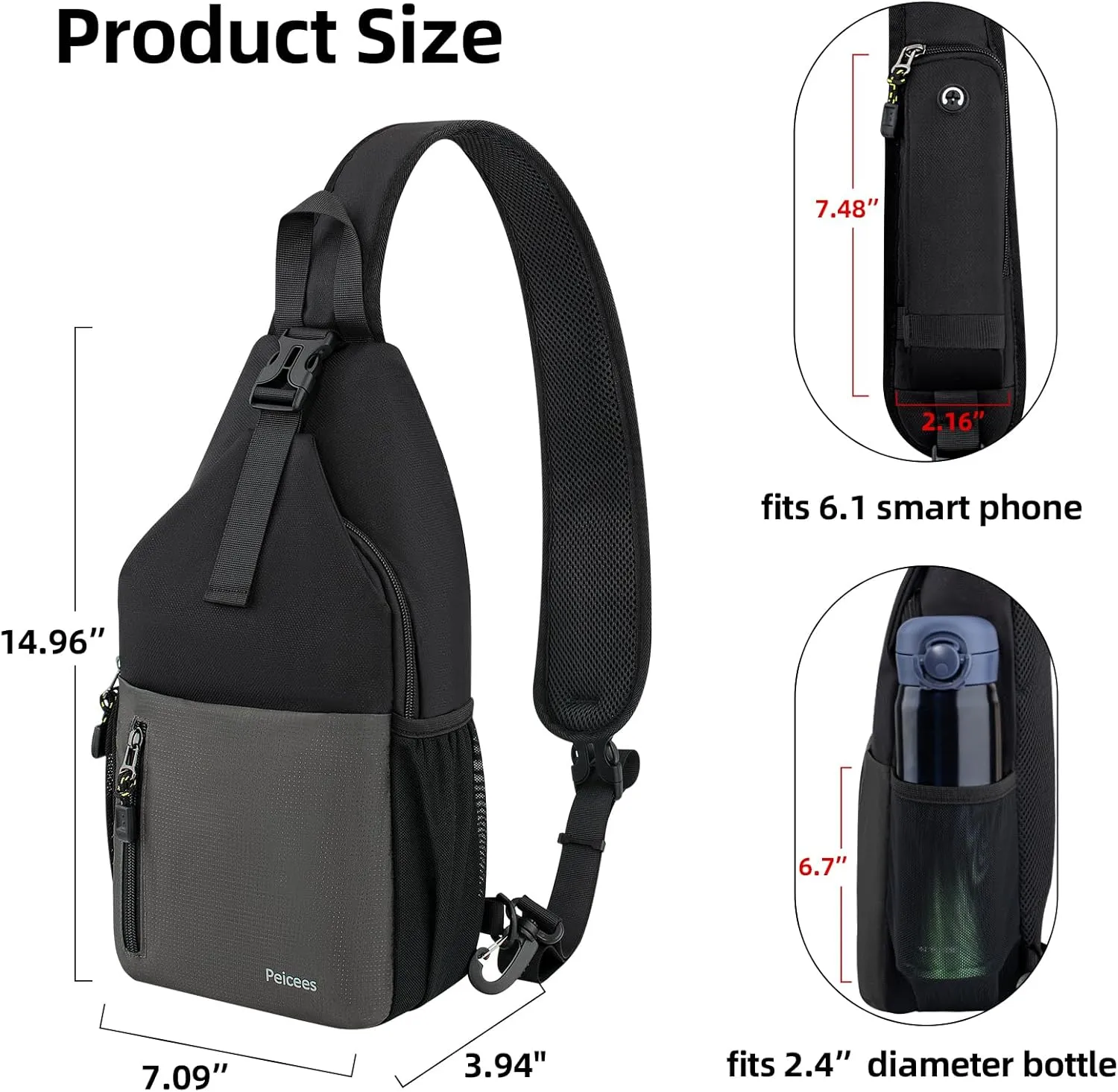 Peicees Sling Bag Crossbody Backpack For Men Women Hiking Waterproof Travel Shoulder Bags For Man Daypack Lightweight (Black)