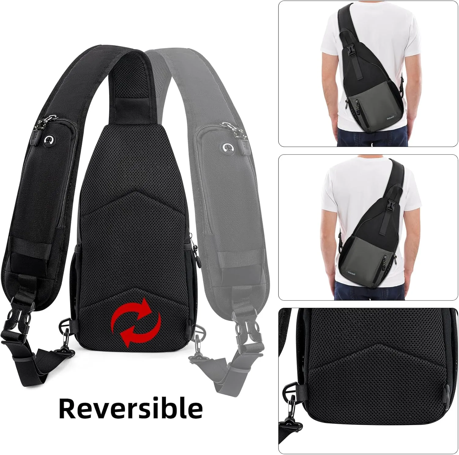 Peicees Sling Bag Crossbody Backpack For Men Women Hiking Waterproof Travel Shoulder Bags For Man Daypack Lightweight (Black)