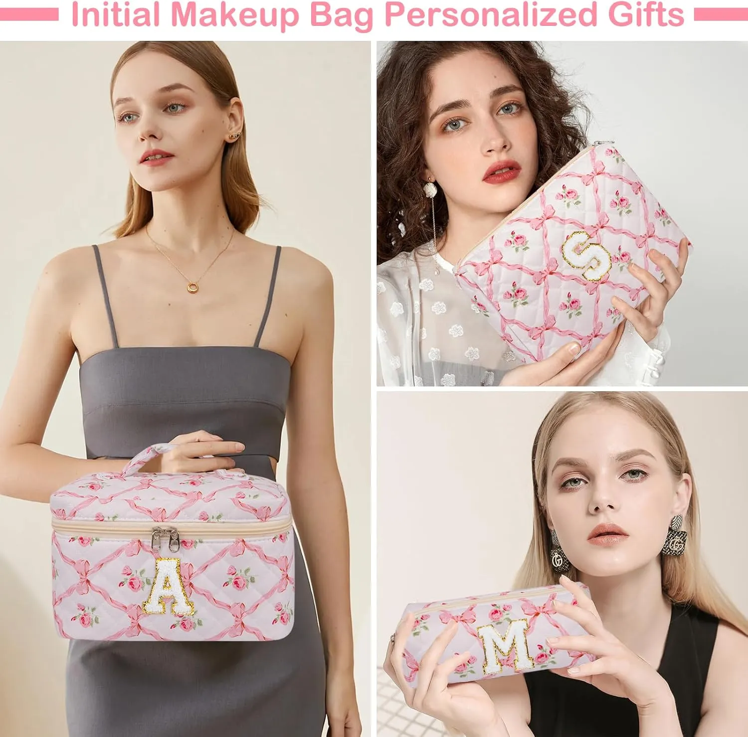 Personalized Initial Makeup Bag Set, Quilted Makeup Bag, Large Floral Cosmetic Bag for Women, Cute Cotton Custom Make up Bags, Flower Travel Toiletry Bag Teen Girl Gift Trendy Stuff Gift B