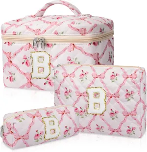 Personalized Initial Makeup Bag Set, Quilted Makeup Bag, Large Floral Cosmetic Bag for Women, Cute Cotton Custom Make up Bags, Flower Travel Toiletry Bag Teen Girl Gift Trendy Stuff Gift B