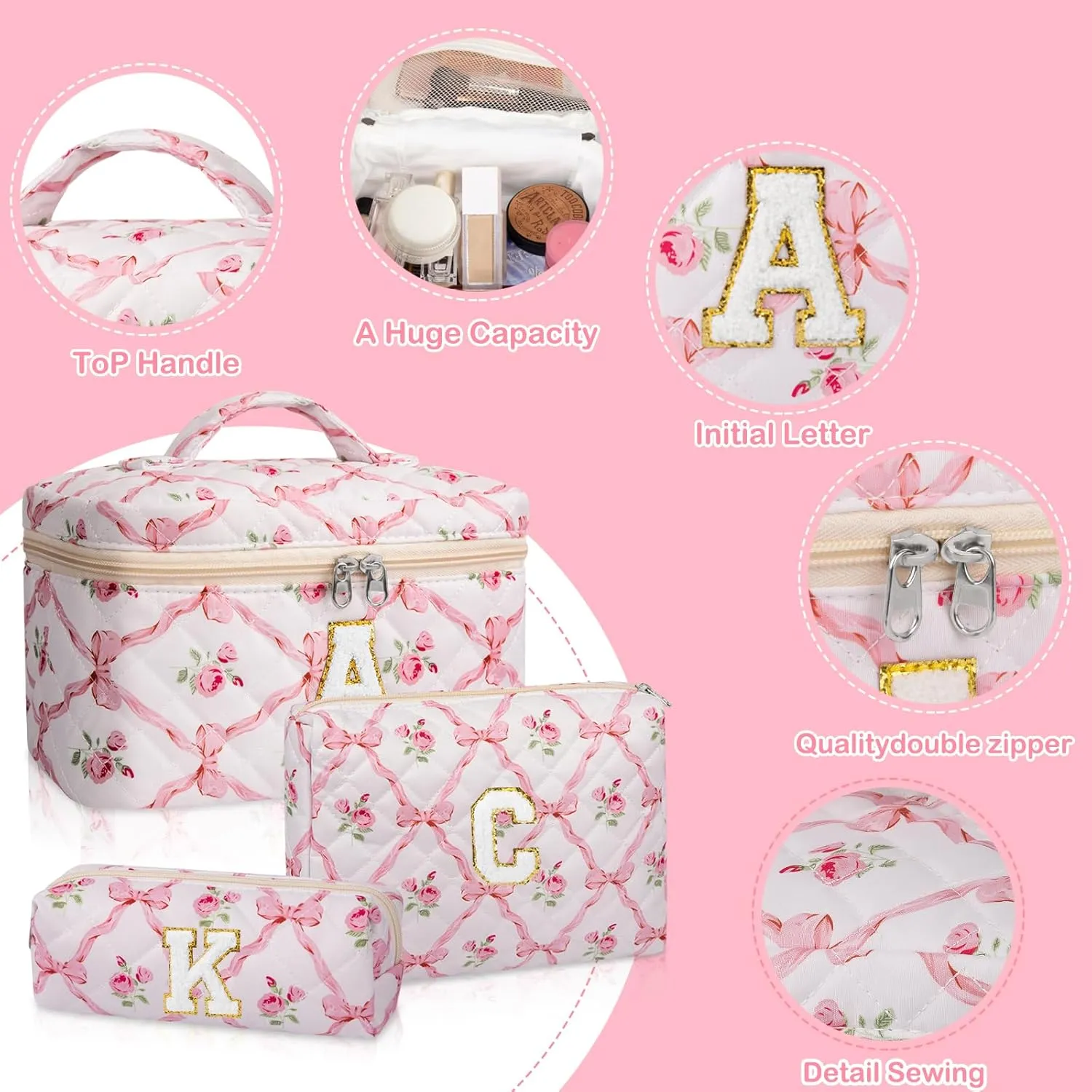 Personalized Initial Makeup Bag Set, Quilted Makeup Bag, Large Floral Cosmetic Bag for Women, Cute Cotton Custom Make up Bags, Flower Travel Toiletry Bag Teen Girl Gift Trendy Stuff Gift B