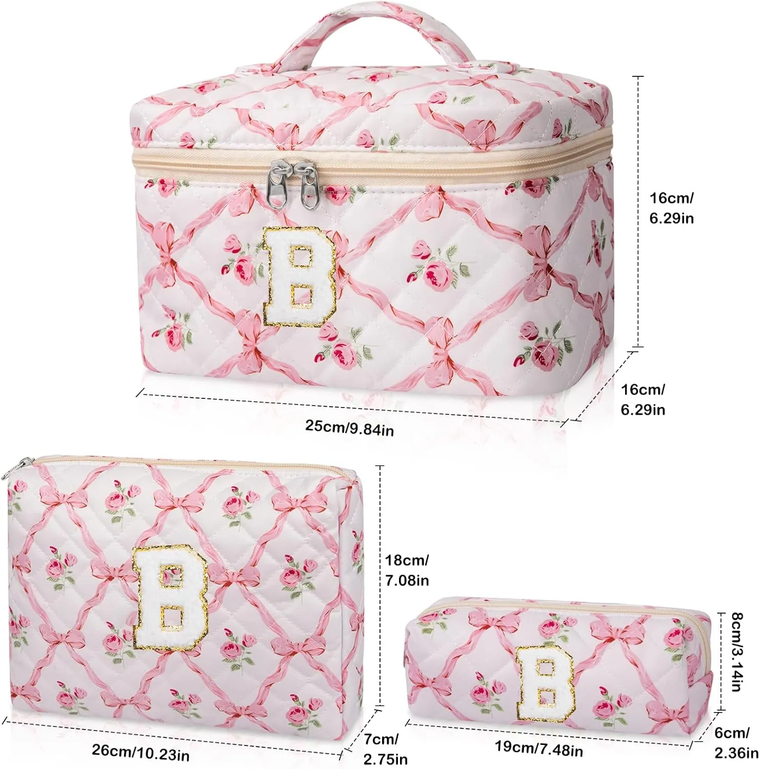 Personalized Initial Makeup Bag Set, Quilted Makeup Bag, Large Floral Cosmetic Bag for Women, Cute Cotton Custom Make up Bags, Flower Travel Toiletry Bag Teen Girl Gift Trendy Stuff Gift B